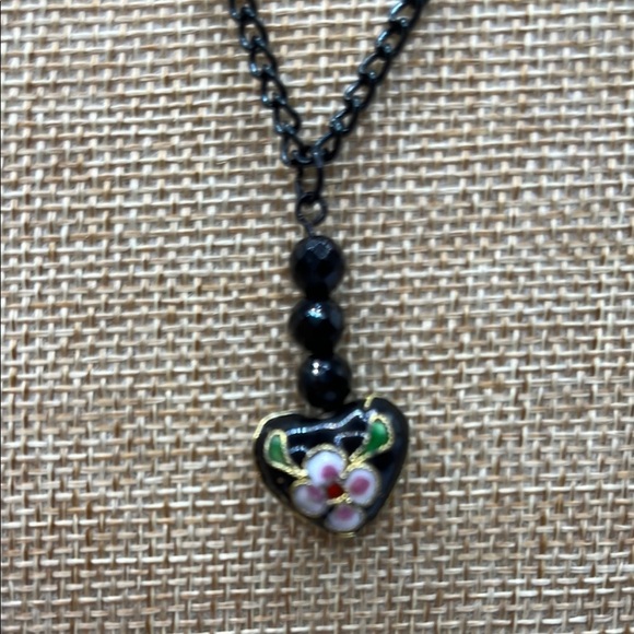 Black Heart Pendant Necklace and Earrings with Floral Design Black Chain link - Picture 2 of 11